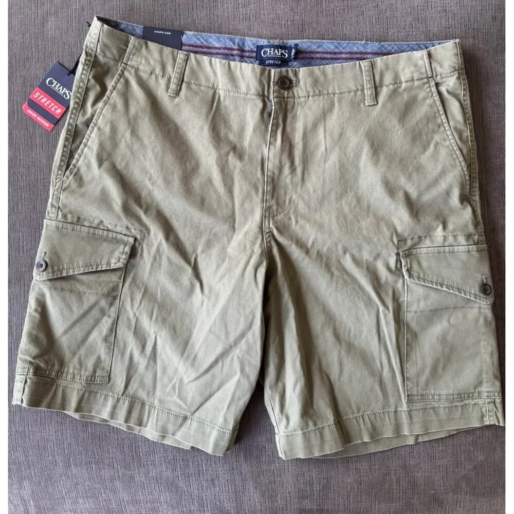 NWT Chaps Men's Stretch Cargo Shorts Khaki Green 38 Flat Front